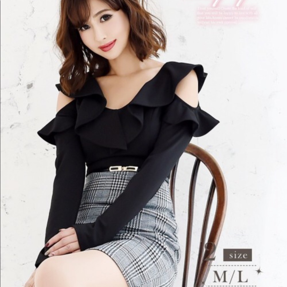 Jfashion Kawaii Gyaru Black Grey Cutout Ruffle Plaid Bodycon One-piece Dress - Picture 4 of 6